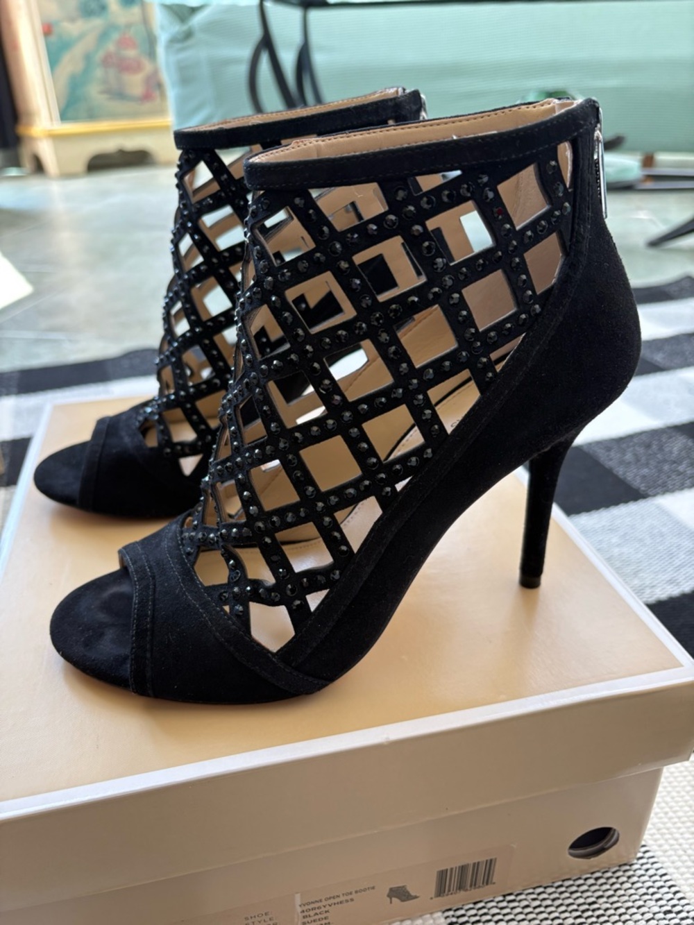 Michael Kors Yvonne Black Studded Open Toe Suede High Heel Bootie - Picture 4 of 12